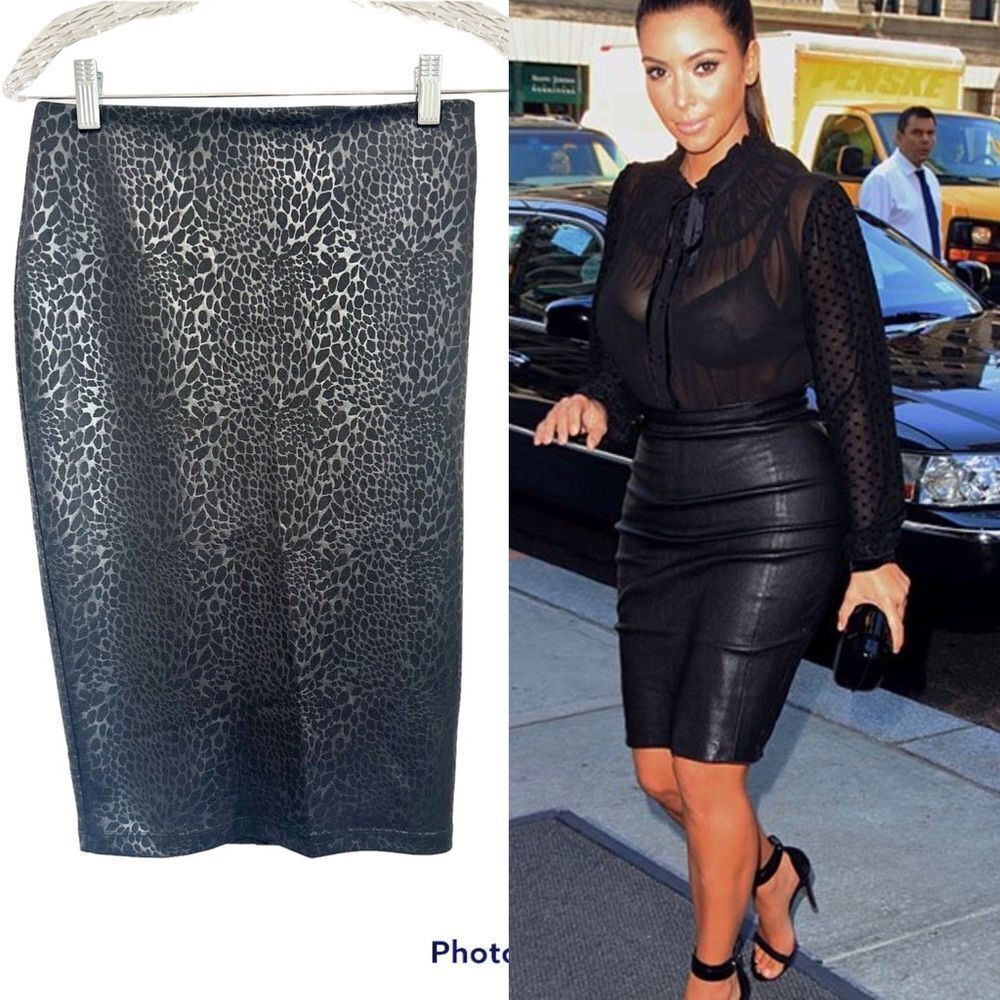 Kardashian Kollection black leopard print pencil midi skirt XS